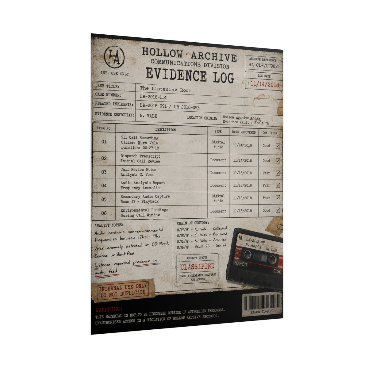 The Listening Room Evidence Log Poster