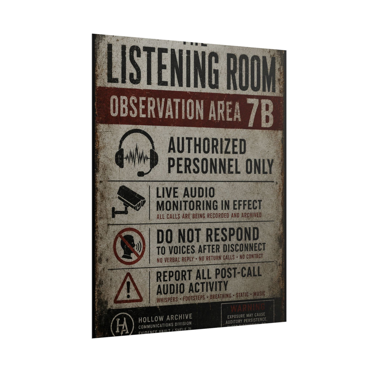 The Listening Room Observation Area Warning Poster