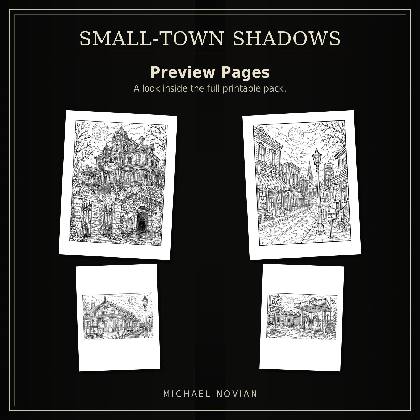 Small-Town Shadows full printable coloring pack preview image 1