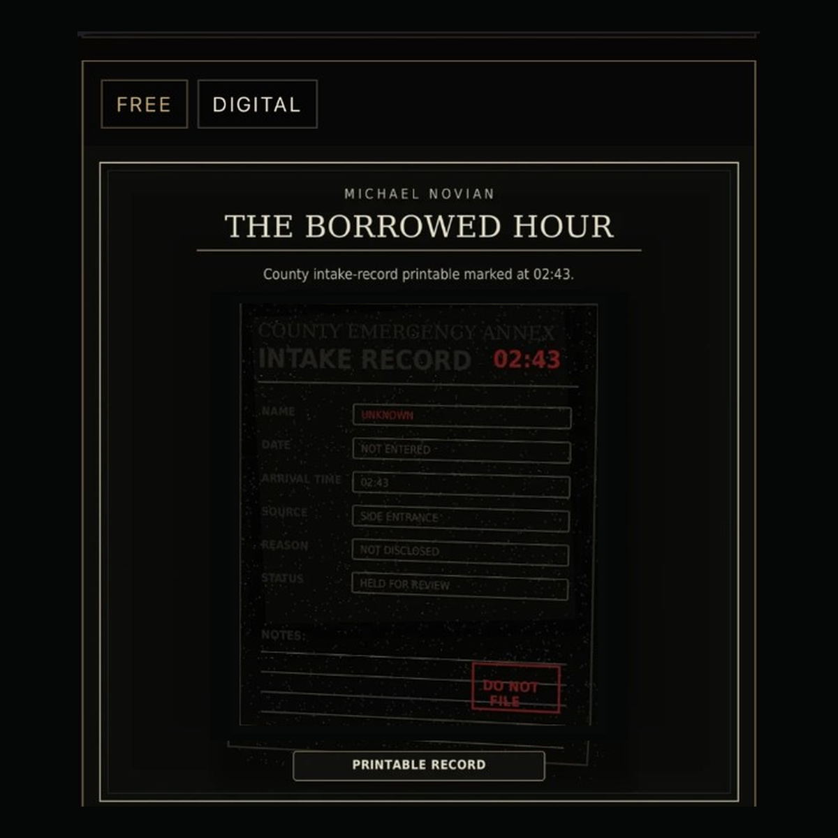 The Borrowed Hour Intake Record Printable by Michael Novian