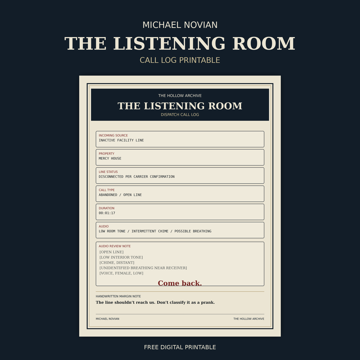 The Listening Room Call Log Printable by Michael Novian